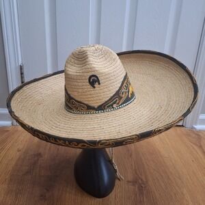 Vintage Mexican Straw Sombrero Hat Embroidered Eagle Mexico Horseshoe Tan Black